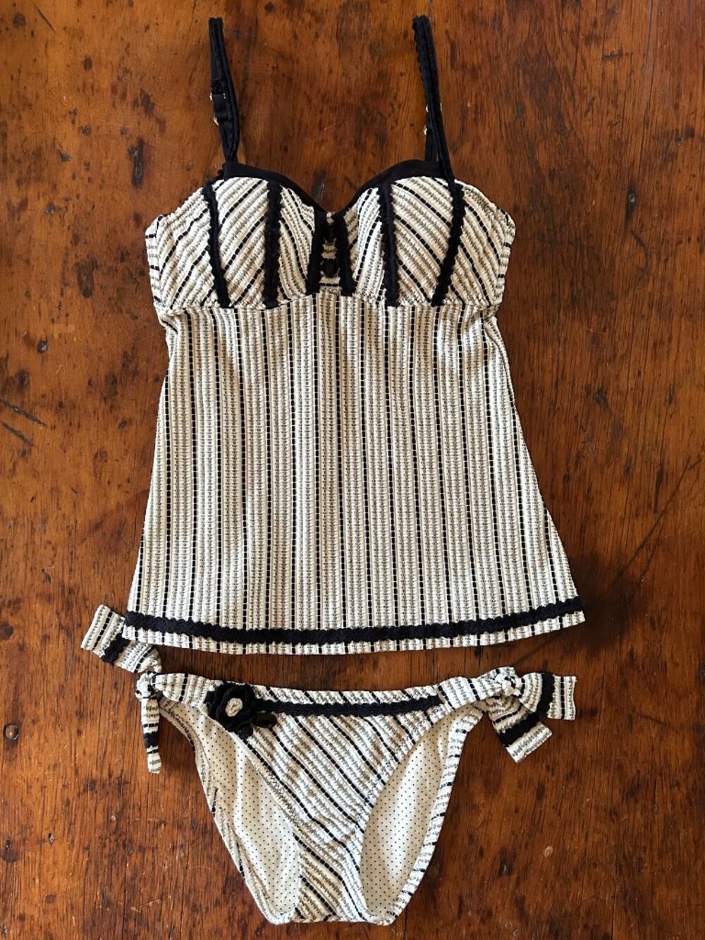 Vintage Betsey Johnson Tankini Swim Top and Side Tie Bikini Bottoms